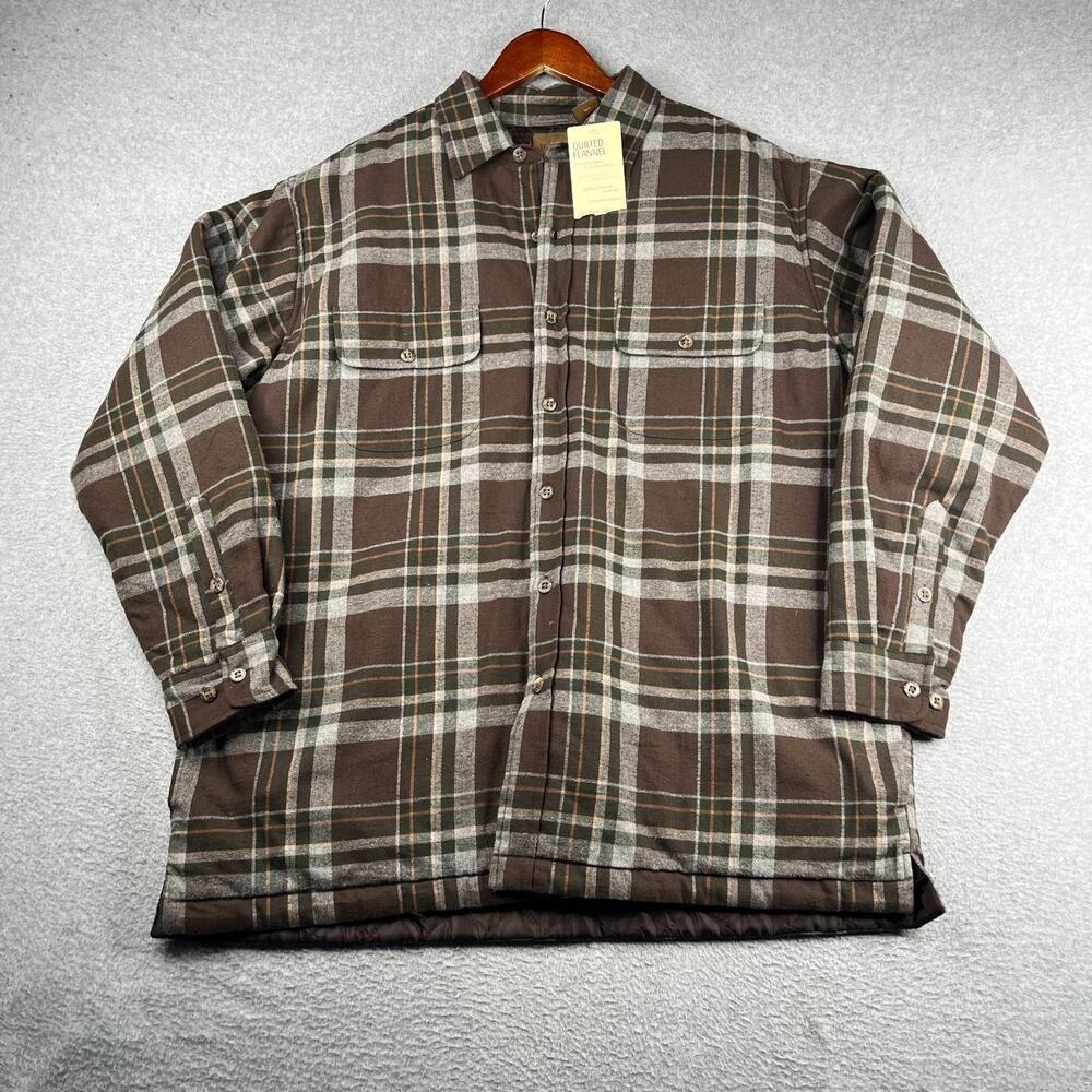 St Johns Bay Quilted Flannel Shacket Brown Plaid Mens Large NEW NWT